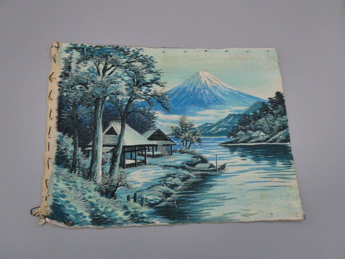 50's Japanese Blue Silk Thread Art Mt Fuji Mountain Water Huts