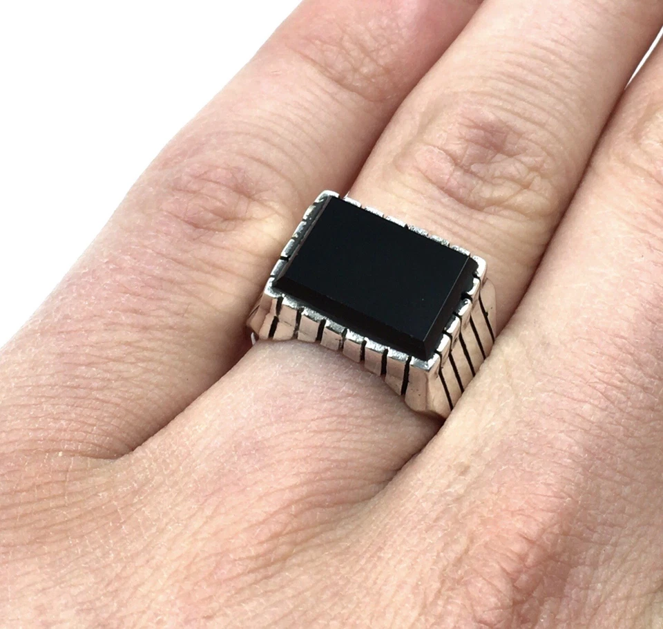Anillo de plata 925 ónix negro anillo de sello clásico joyería anillo de band... - Imagen 4 de 4