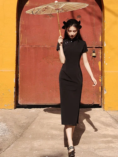 Mujeres Negro Largo Qipao Vestido Mejorado Cheongsam Elegante Chino Tradicional Club - Imagen 6 de 11