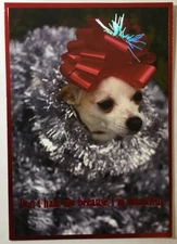 Papyrus- Christmas- Humor- Chihuahua Wearing Tinsel & Bow- Foil