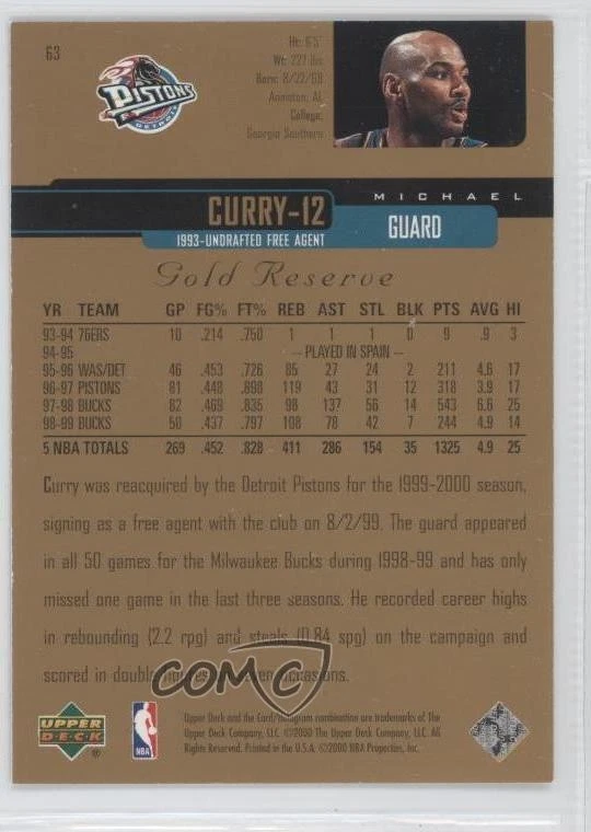1999-00 Upper Deck Gold Reserve Michael Curry #63 - Image 2 of 2