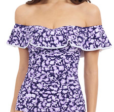 Profile by Gottex Juliette Off Shoulder Ruffle Tankini Top US 12 Purple New