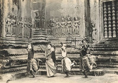 Dancers before the bas reliefs of apsaras Angkor Vat Historic Old Photo