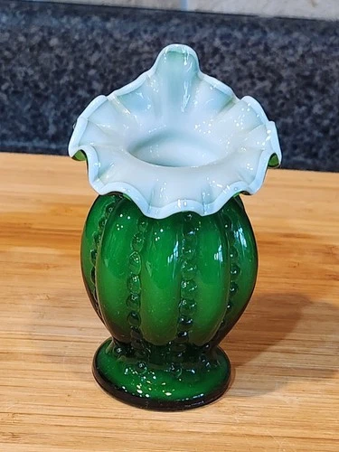 Fenton Art Glass Ivy Green Beaded Melon Vase,white cased interior ,ruffled crest