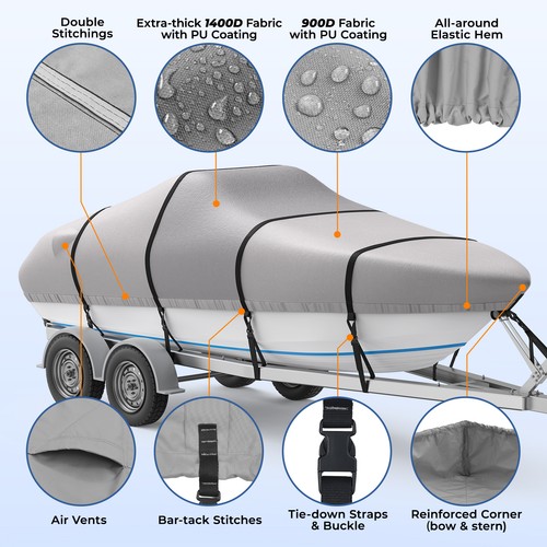 1200D Heavy Duty Trailerable Fit 16-22Ft V-Hull Fish & Ski Boat Cover Waterproof - Afbeelding 17 van 36