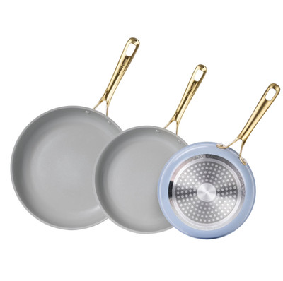 3pc Nonstick Ceramic Cookware Set w/ Gold Handles, Oven & Dishwasher Safe Blue