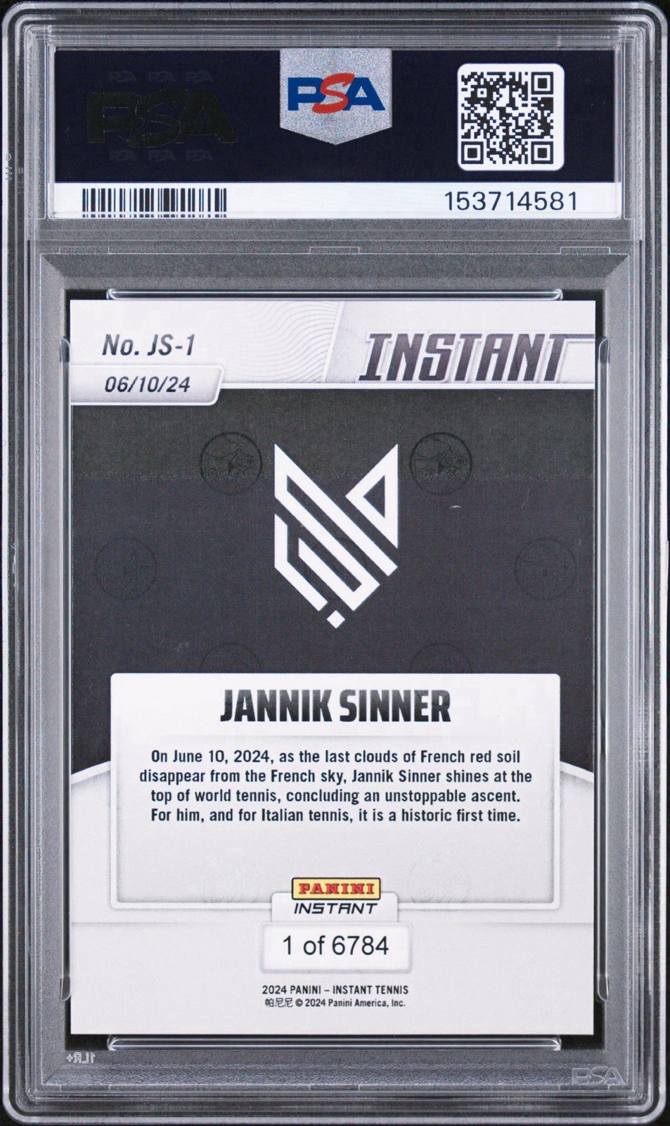 2024 Panini Instant #JS-1 Jannik Sinner Tennis World No. 1 Rookie Auto PSA 10 RC view 2
