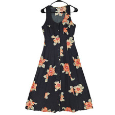 Vtg 90s Rampage Floral Midi Dress sz 5 Jr Women Black Orange Button Up Boho Y2K