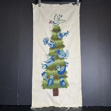 VTG Crewel Embroidery Bluebird Fir Christmas Holiday Tree MCM Completed