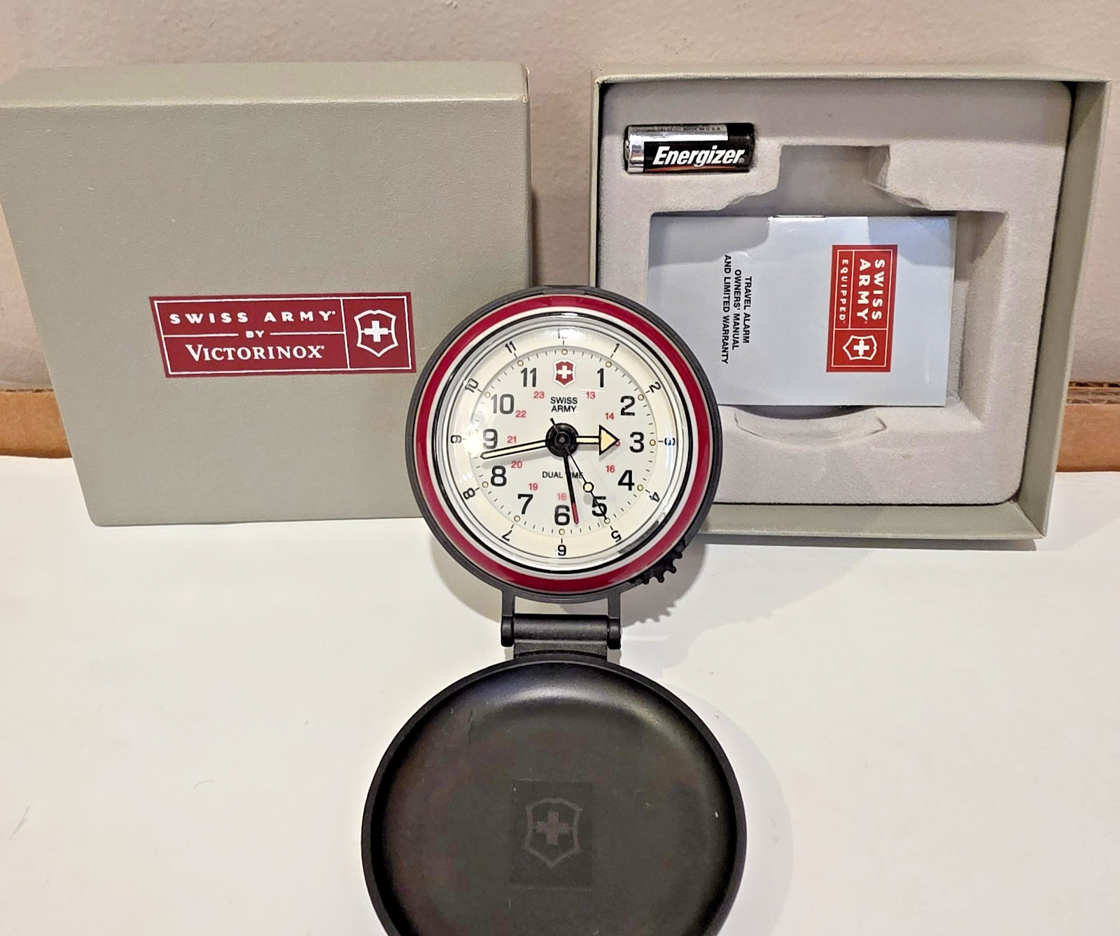 SWISS ARMY by VICTORINOX Travel Alarm Dual Time Clock W/ Box TIMEPIECE featured image