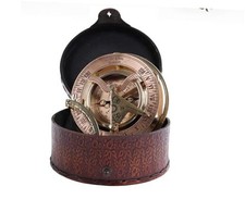 Brass Sundial Compass in Leather Case   Unique Nautical Gifts for Men, Antique