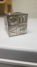Vintage Baby's Silver Plated ABC Block Bank, Childs Cube Block Coin Piggy Bank