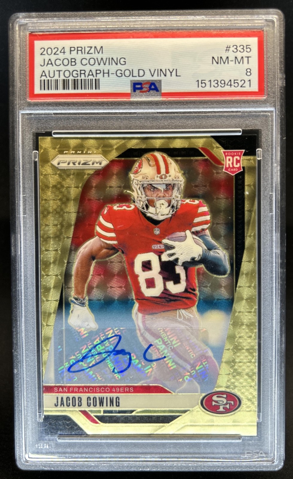2024 Panini Prizm Jacob Cowing Auto Gold Vinyl Rookie RC #/5 49ers PSA 8 view 1