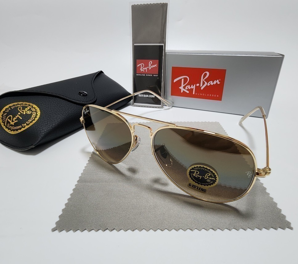 New Ray-Ban RB-3025 Aviator Sunglasses Gold Frame Glass Gradient Brown Lens 58mm