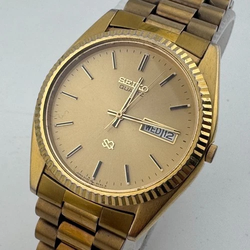 Vintage Seiko Quartz Watch 5Y23-8A69 Men Gold Tone Fluted Bezel New Battery 8"