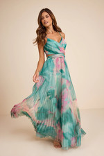 Lulus Estelle Teal Blue Floral Pleated Cutout Maxi Dress