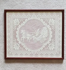 VTG Framed Filet Crochet Lace Panel with Horse and Carriage Motif, 23”x19”