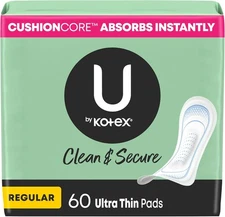 U by Kotex Ultra Thin Pads, Clean & Secure, Regular Absorbency, 60 Count (Packag