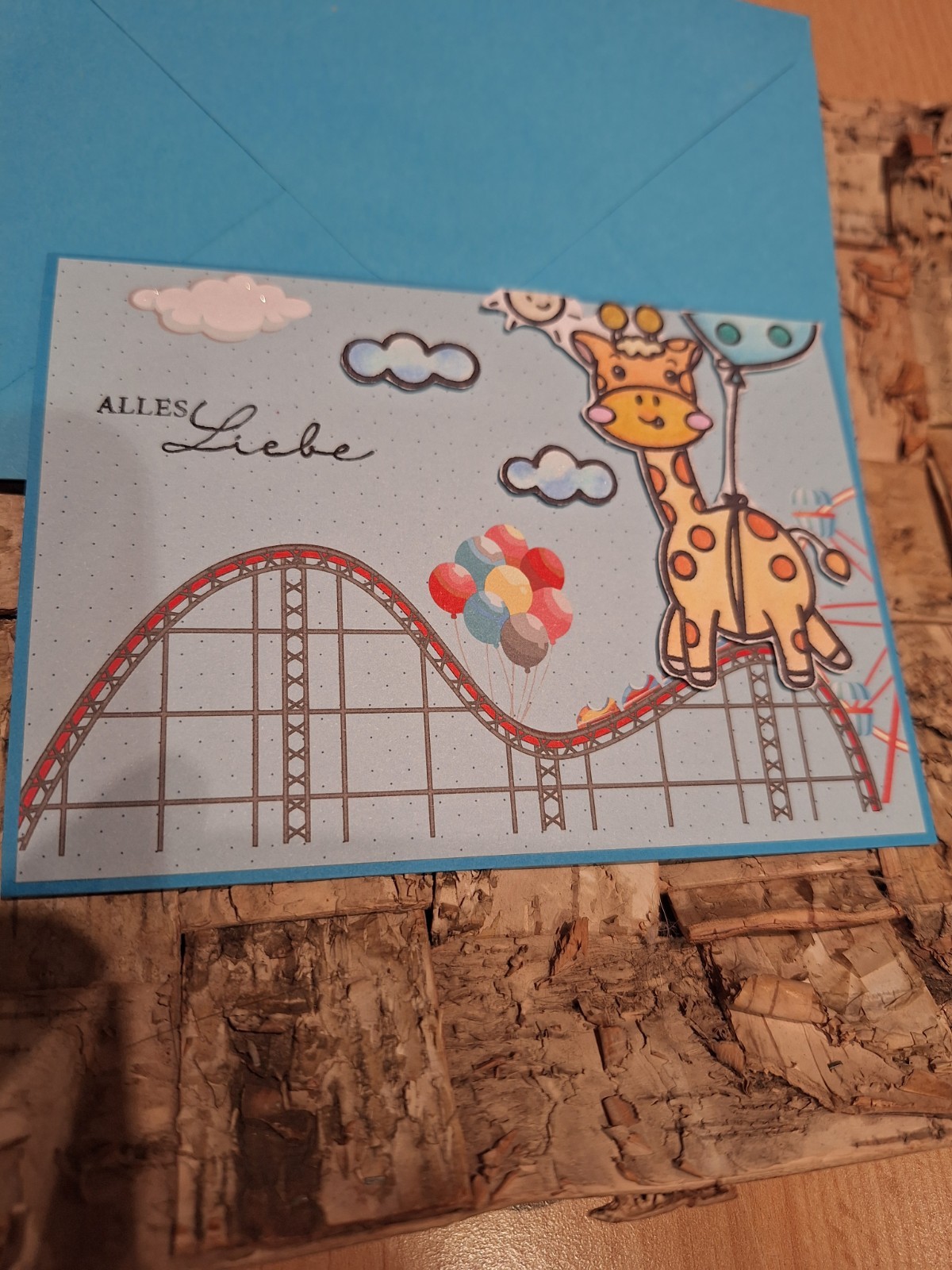 Wunderschöne Karte Zur GEBURT, GEBURTSTAG, "ALLES LIEBE" , GIRAFFE, HANDARBEIT