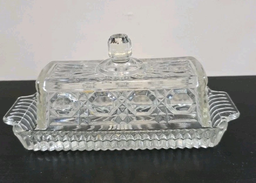 Vintage Windsor Federal Glass Clear Cut Glass Butter Dish Keeper w/Dome Knob