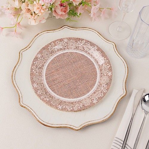 25 Natural 9" Burlap Print Floral Lace Paper Dinner Plates Party Events Supplies - Picture 2 of 9