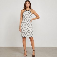 Cache White Black Sequin Halter Sheath Cocktail Party Dress Size 2