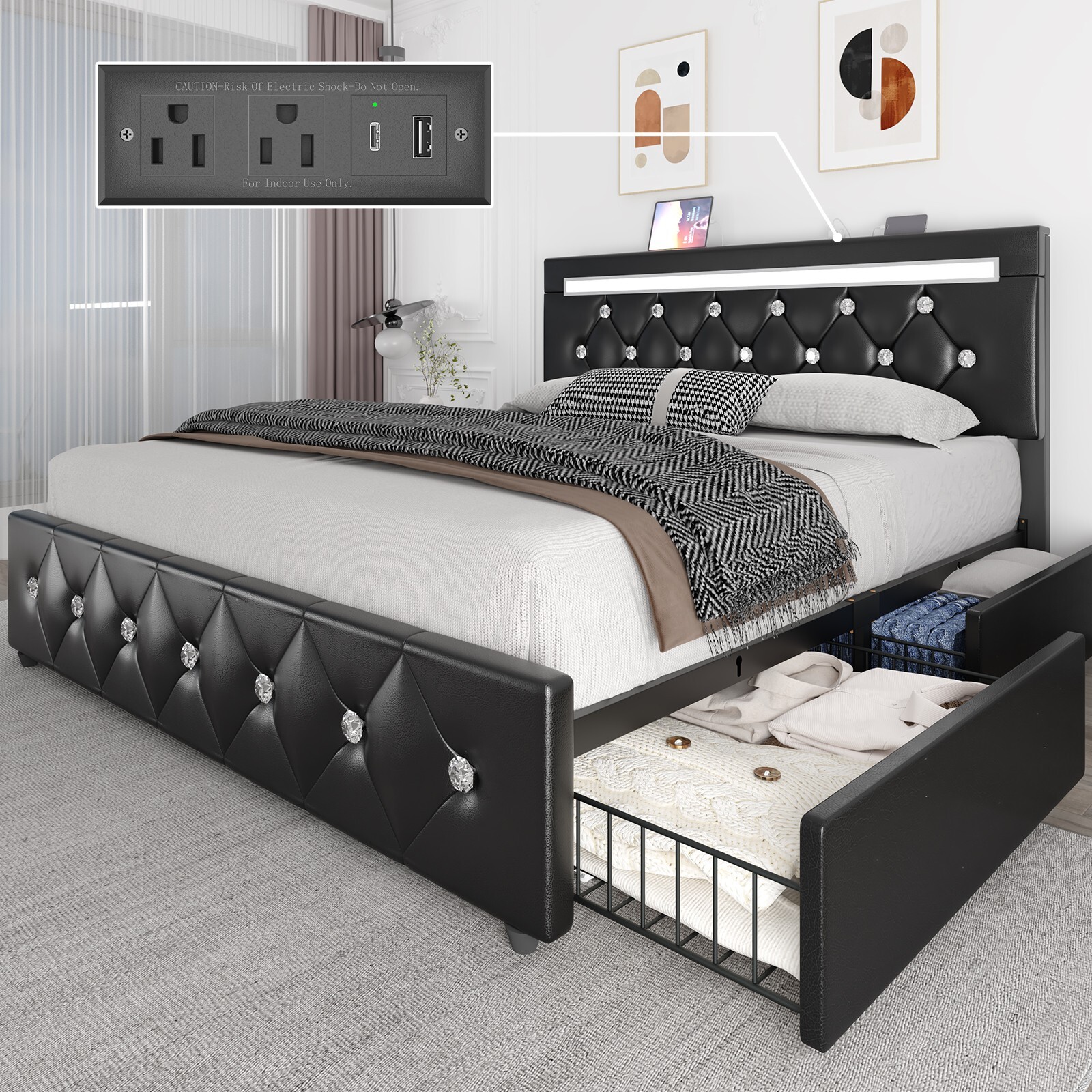 Bed Frame Full Queen with 4 Drawers and Adjustable Diamond Tufted Headboard-image