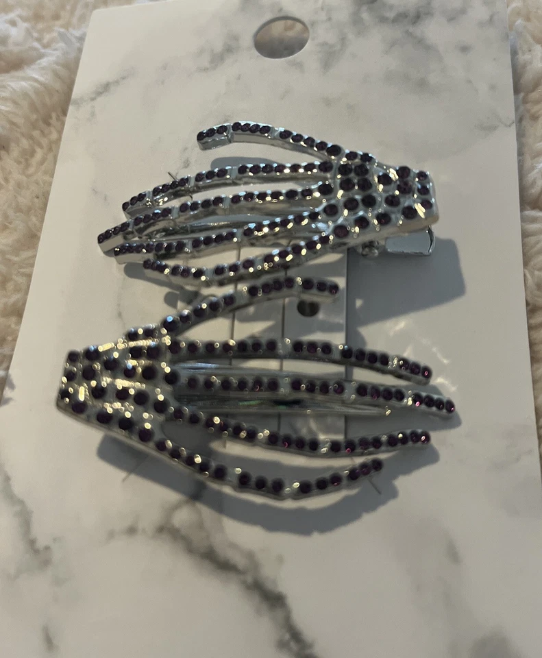 Pinzas para el cabello góticas para fiesta de Halloween púrpura estrás esqueleto de mano pasadores Foto 4 de 4