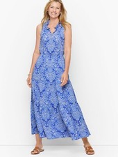 NEW Talbots Ruffle Midi Dress Medallion Blue Sleeveless Tiered Pockets Lined 12P