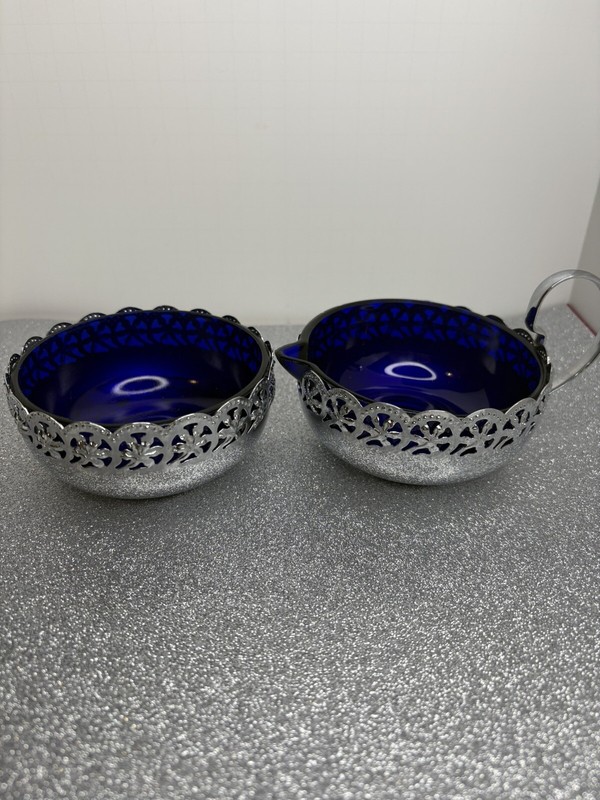 Vintage Silver Plated Cobalt Blue Glass Open Sugar & Creamer Set