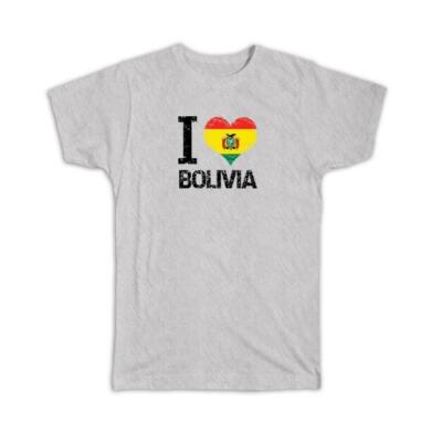 Gift T-Shirt : I Love Bolivia Heart Flag Country Crest Bolivian Expat