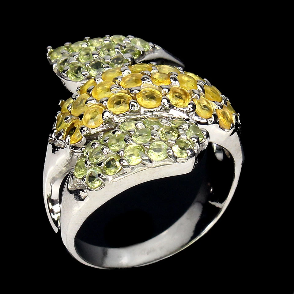 925 Anello Argento Sterling Rotondo Zaffiro Peridoto Naturale Gemma Misura 8 - Immagine 2 di 4