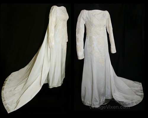 Size 6 Bridal Gown - Classic 1950s Lace Bodice Watteau Train Priscilla of Boston - Picture 1 of 11