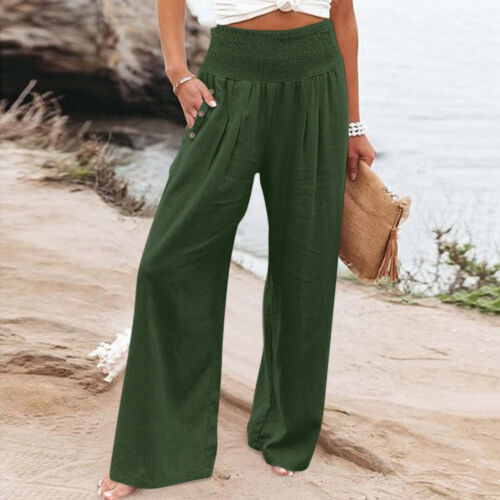 Summer Wide Leg Pants Women Loose Palazzo Pants Pocket Elastic Waist Pants* - Picture 22 of 60
