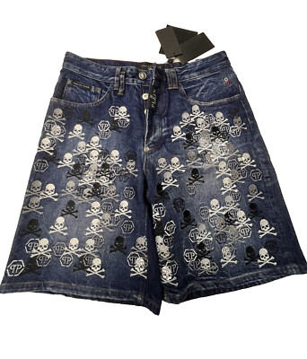 PHILIPP PLEIN CAPRI DENIM  SKULL SHORTS ~ 33 ~ NWT $1170