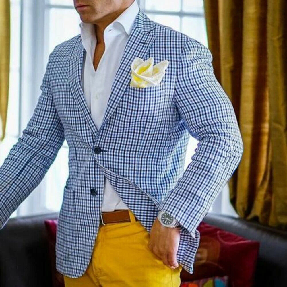 Plus Blue Plaid Men Blazer Summer Causal British Style Groom Jackets Custom  Made | eBay