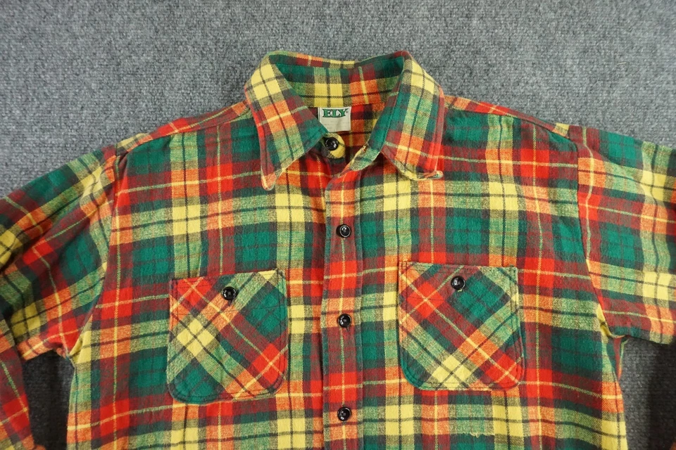 Camisa ELY Hombre Talla 16 Amarillo Verde Franela a Cuadros Vintage Botón Frontal Occidental Foto 3 de 4