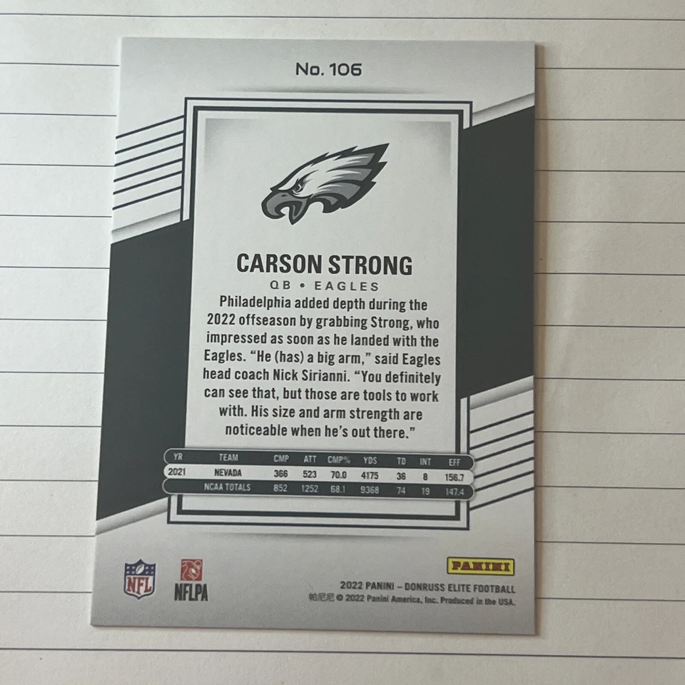 Carson Strong 2022 Panini Donruss Elite Football Green Rookie Card #106 - Image 2 of 2