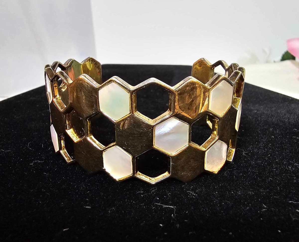 Signed skalli Paris? Cuff bracelet hexagon mother of pearl goldtone thick- READ