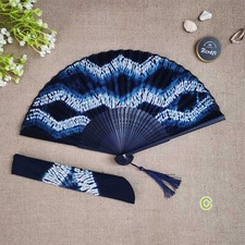 Natural Plant Hand Dyed Bamboo Folding Fan, Indigo Cotton Hand Fan with Tassel