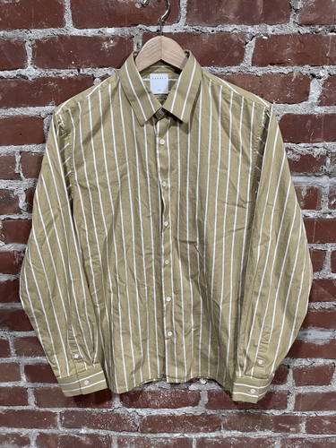 Sandro Paris Oberteil Damen L Button Down Shirt beige weiß gestreift langarm
