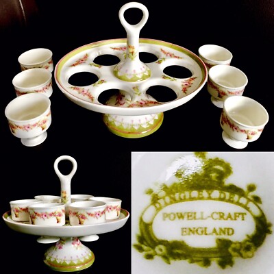 Rare Vintage English Powell Craft Porcelain 6 Egg Cruet Stand / Egg Cups & Stand