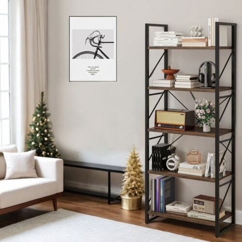 Modern Bookcase 5 Tiers Bookshelf 62 inch Open Ladder Books Holder Organizer