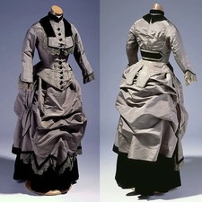 1870s Victorian Fancy Grey Bustle Dress Historical Edwardian Duchess Ball Gowns