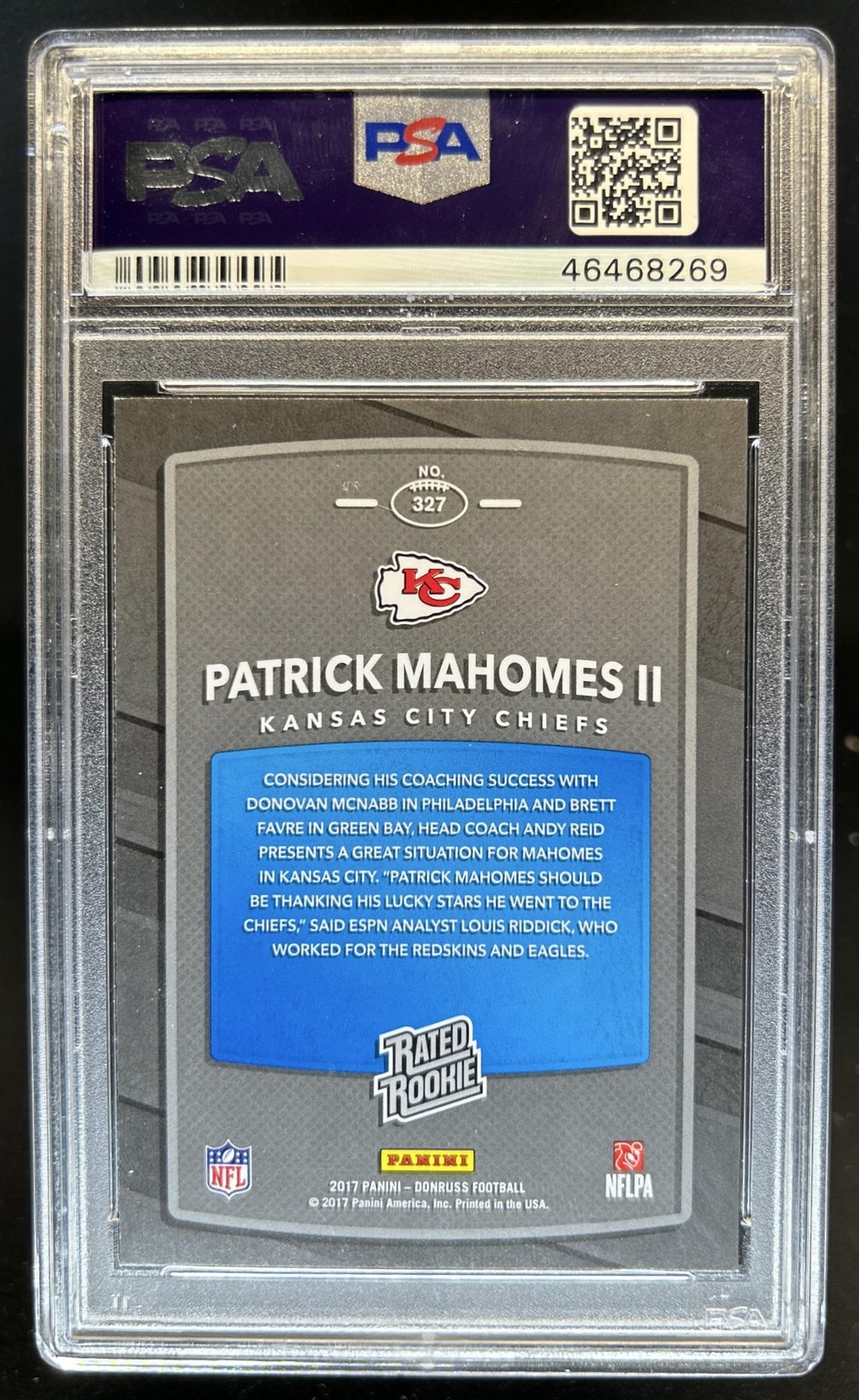 2017 Panini Donruss Patrick Mahomes II RC Rated #327 Chiefs PSA 9 Rookie view 2