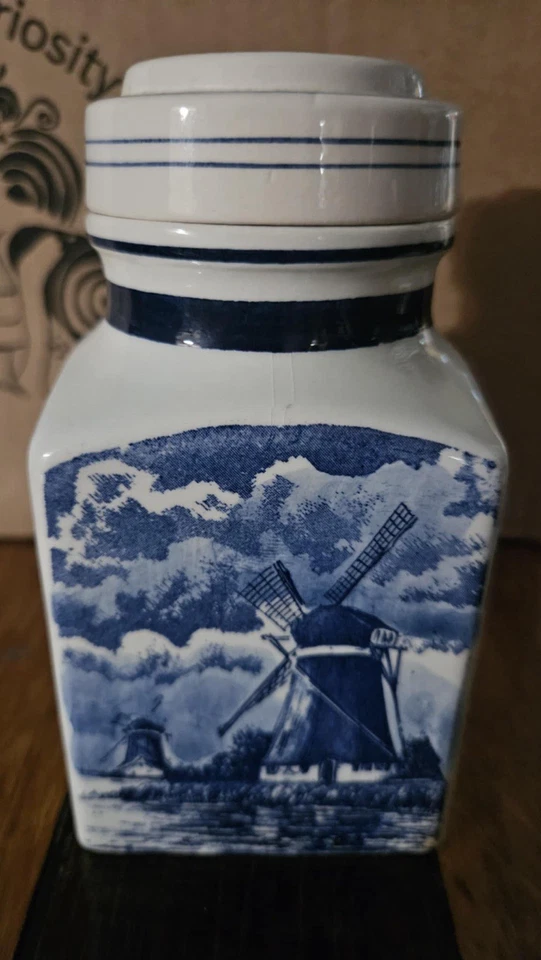 复古蓝色和白色代尔夫特花卉陶瓷香料罐带盖-手绘一对 — 第 4/4 张图片