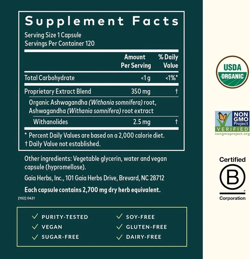 Raíz de Ashwagandha de Hierbas Gaia, Estrés y Apoyo Inmunológico, 120 Cápsulas Veganas Foto 3 de 4