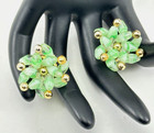 Clip On Earrings Green Glass Rice Beads and Gold Tone Plastic Accent Beads Vtg