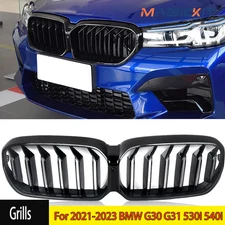  For 2021-2023 BMW G30 G31 530i 540i Dual Slats Front Kidney Grille Gloss Black