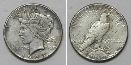 X7383  1928 Peace Dollar, XF details, cleaned/rim bump